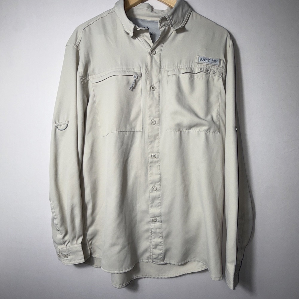 Realtree Fishing Shirt Mens Beige Vented Long Sleeve Button Up Outdoors‎ Medium
